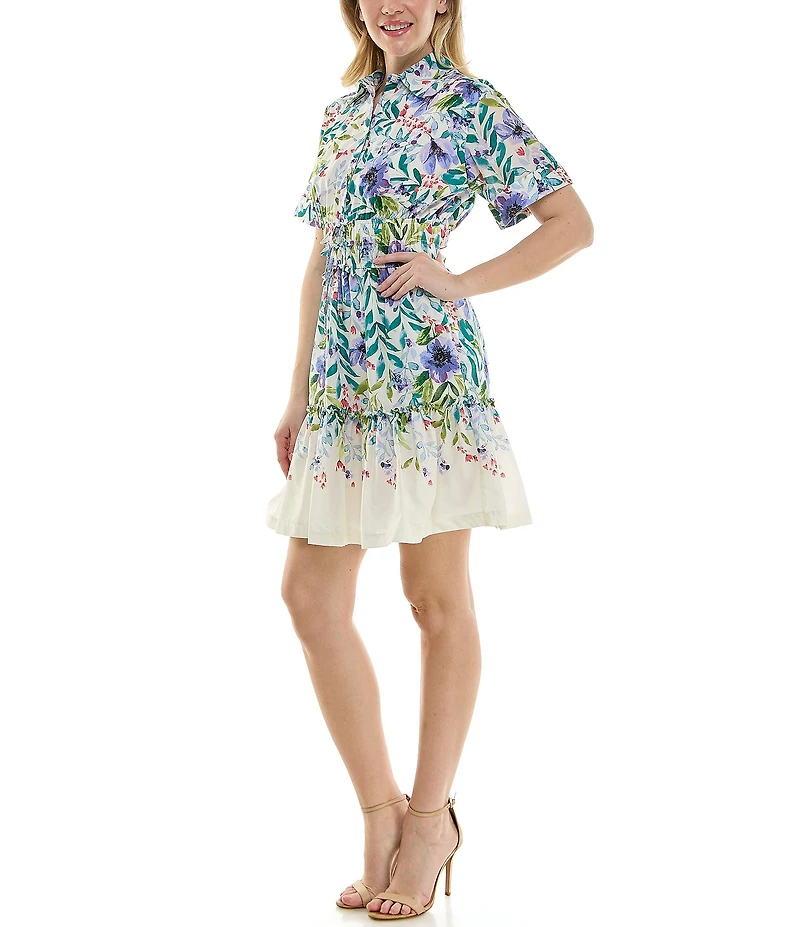 Moda Tara Cotton Floral Print Button Front Collar Tiered Shirt Dress