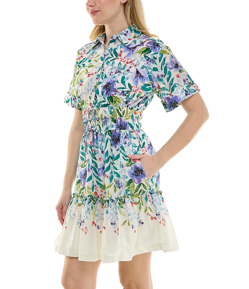 Moda Tara Cotton Floral Print Button Front Collar Tiered Shirt Dress
