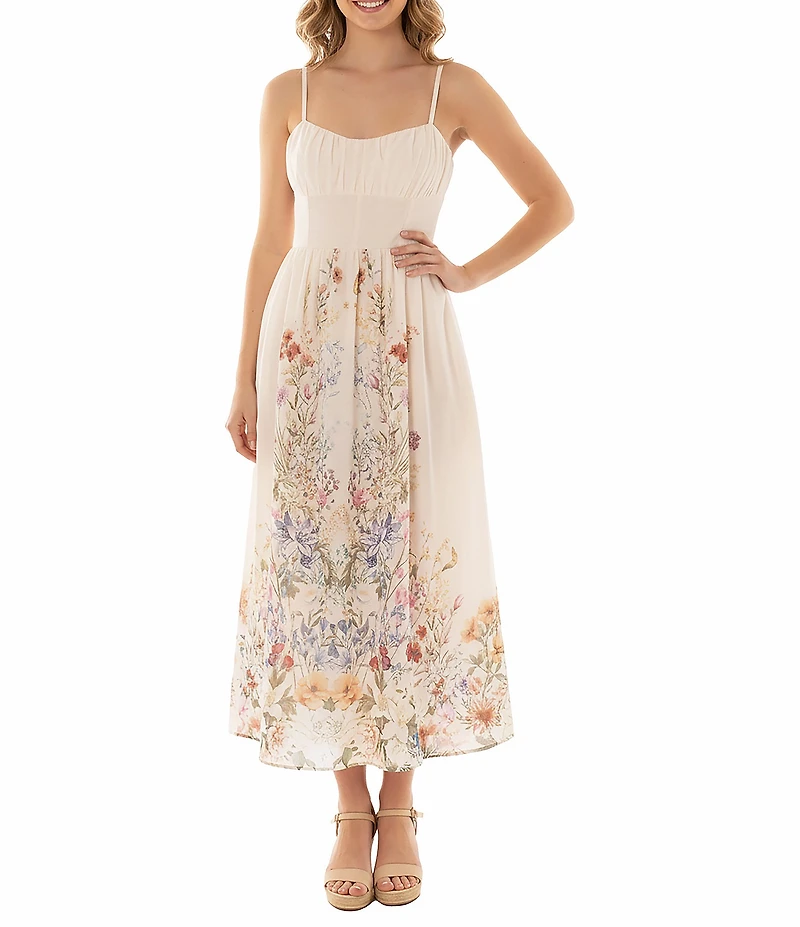 Moda Tara Cotton Voile Floral Print Sweetheart Neck Sleeveless Ruched Midi Dress