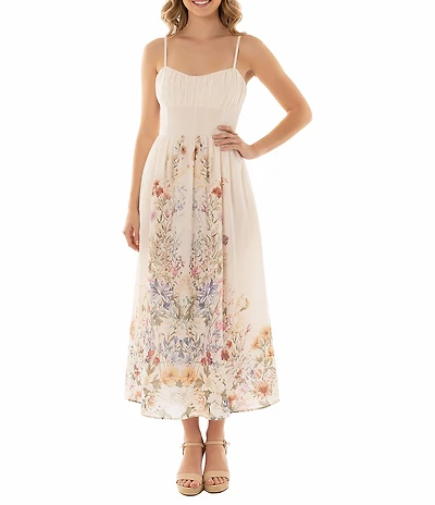 Moda Tara Cotton Voile Floral Print Sweetheart Neck Sleeveless Ruched Midi Dress
