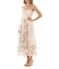 Moda Tara Cotton Voile Floral Print Sweetheart Neck Sleeveless Ruched Midi Dress
