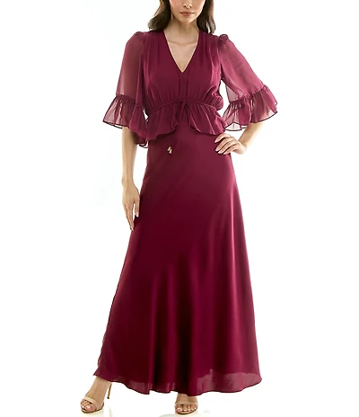 Moda Tara Crepe Satin & Georgette Chiffon Short Ruffle Sleeve A-Line Maxi Dress