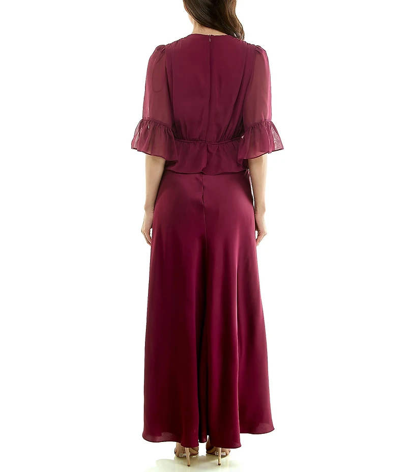 Moda Tara Crepe Satin & Georgette Chiffon Short Ruffle Sleeve A-Line Maxi Dress