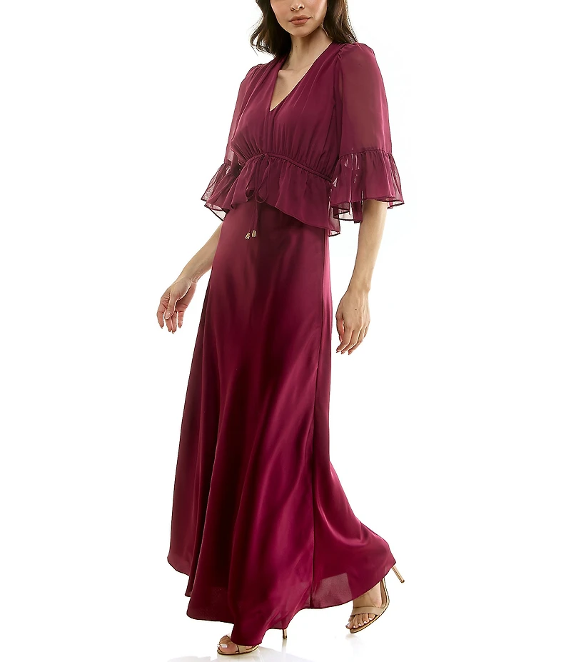 Moda Tara Crepe Satin & Georgette Chiffon Short Ruffle Sleeve A-Line Maxi Dress
