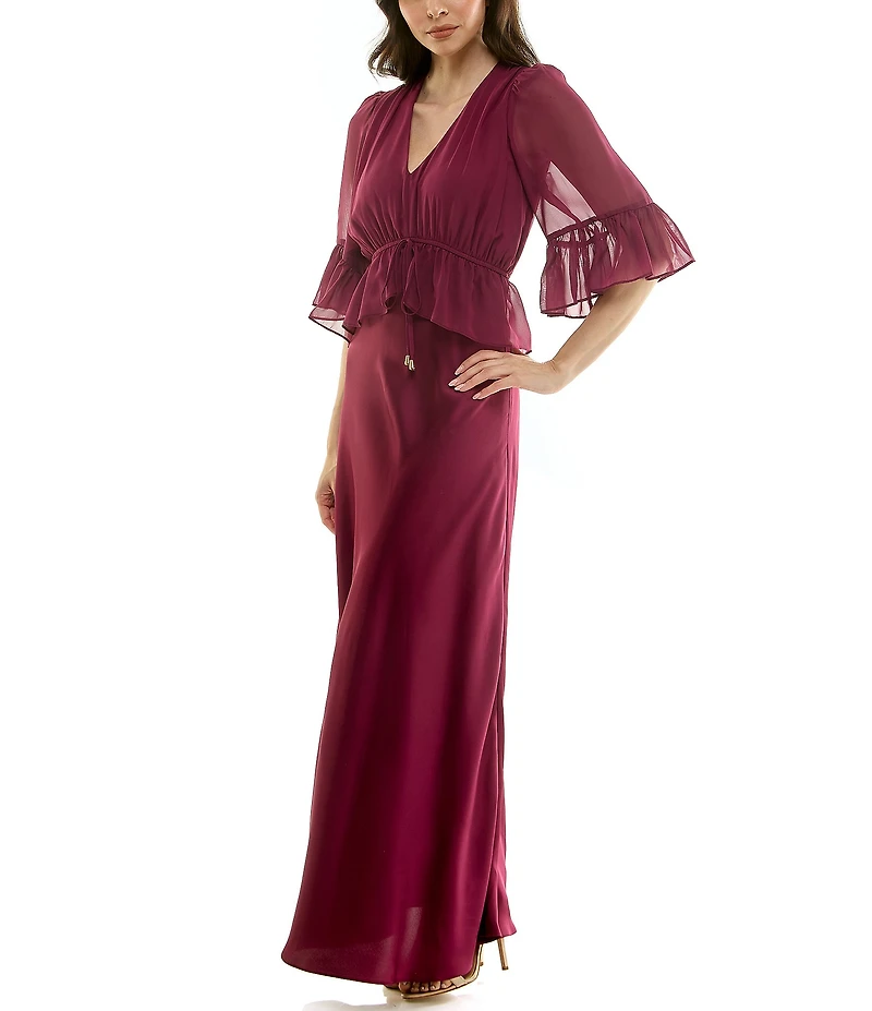Moda Tara Crepe Satin & Georgette Chiffon Short Ruffle Sleeve A-Line Maxi Dress