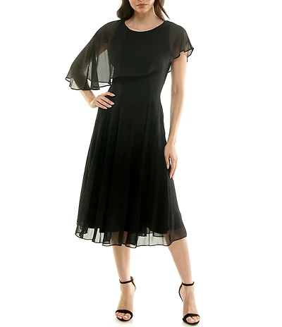 Moda Tara Crinkle Chiffon Asymmetrical Capelet Sleeve Midi Dress
