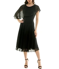 Moda Tara Crinkle Chiffon Asymmetrical Capelet Sleeve Midi Dress
