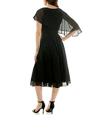 Moda Tara Crinkle Chiffon Asymmetrical Capelet Sleeve Midi Dress