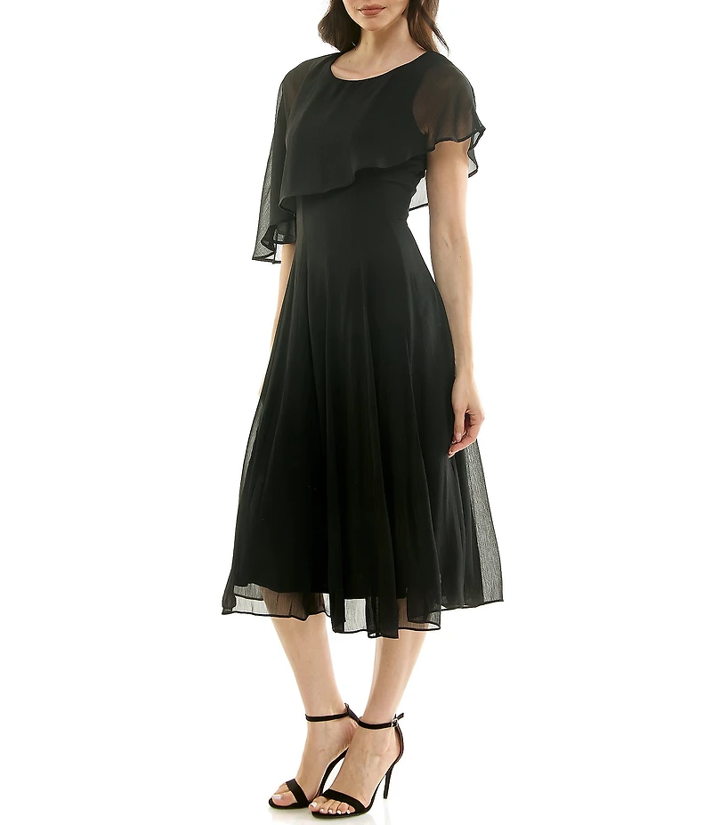 Moda Tara Crinkle Chiffon Asymmetrical Capelet Sleeve Midi Dress