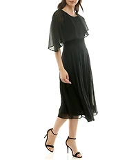 Moda Tara Crinkle Chiffon Asymmetrical Capelet Sleeve Midi Dress