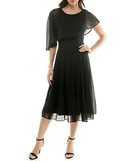 Moda Tara Crinkle Chiffon Asymmetrical Capelet Sleeve Midi Dress