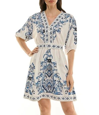 Moda Tara Elbow Sleeve Border Print Stretch Faille Short Dress