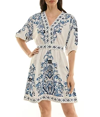 Moda Tara Elbow Sleeve Border Print Stretch Faille Short Dress