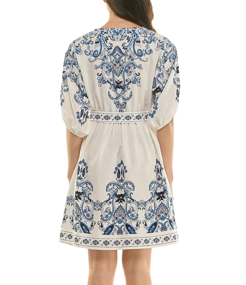Moda Tara Elbow Sleeve Border Print Stretch Faille Short Dress