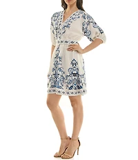 Moda Tara Elbow Sleeve Border Print Stretch Faille Short Dress