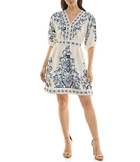 Moda Tara Elbow Sleeve Border Print Stretch Faille Short Dress