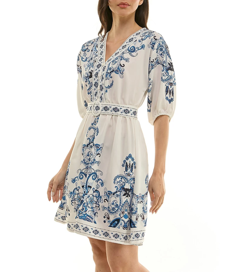 Moda Tara Elbow Sleeve Border Print Stretch Faille Short Dress