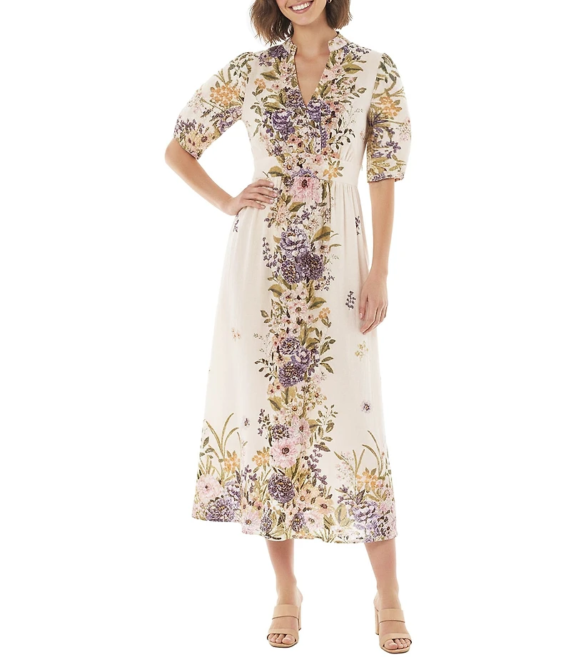 Moda Tara Elbow Sleeve Mandarin Collar Textured Rayon Dress