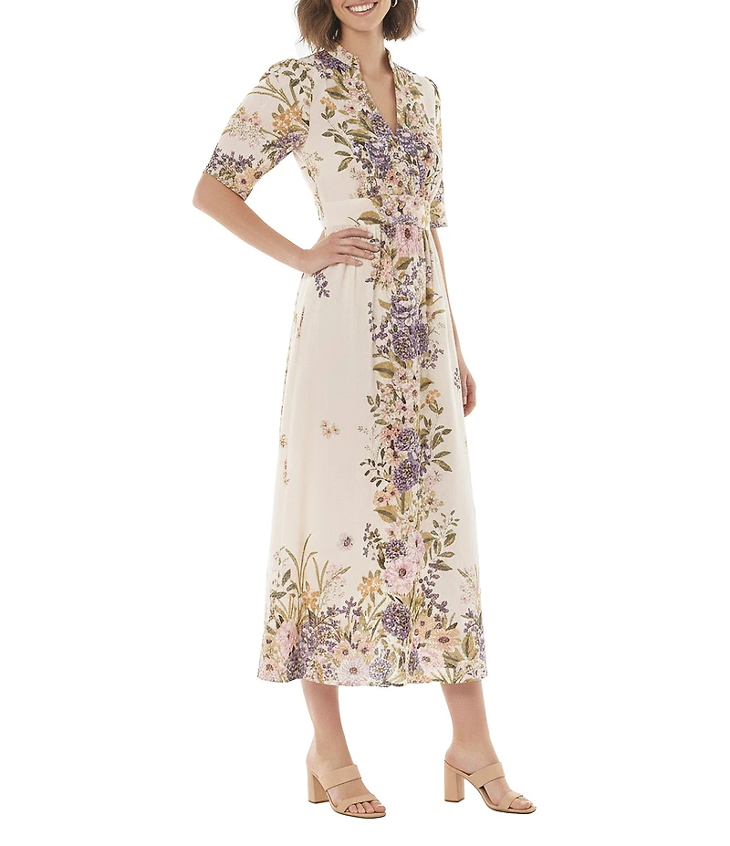 Moda Tara Elbow Sleeve Mandarin Collar Textured Rayon Dress