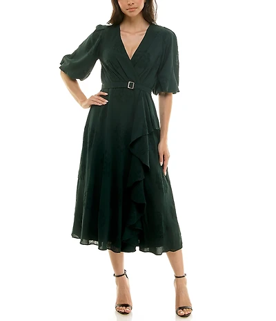 Moda Tara Floral Burnout 3/4 Sleeve Belted Ruffle Skirt Faux Wrap Midi Dress