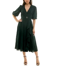 Moda Tara Floral Burnout 3/4 Sleeve Belted Ruffle Skirt Faux Wrap Midi Dress