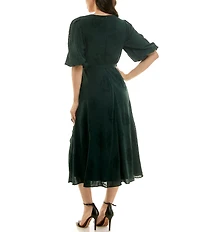 Moda Tara Floral Burnout 3/4 Sleeve Belted Ruffle Skirt Faux Wrap Midi Dress