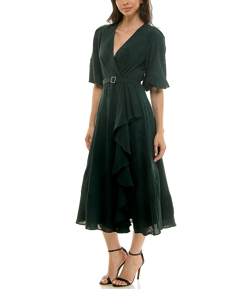 Moda Tara Floral Burnout 3/4 Sleeve Belted Ruffle Skirt Faux Wrap Midi Dress