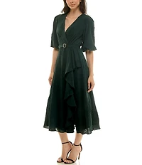 Moda Tara Floral Burnout 3/4 Sleeve Belted Ruffle Skirt Faux Wrap Midi Dress