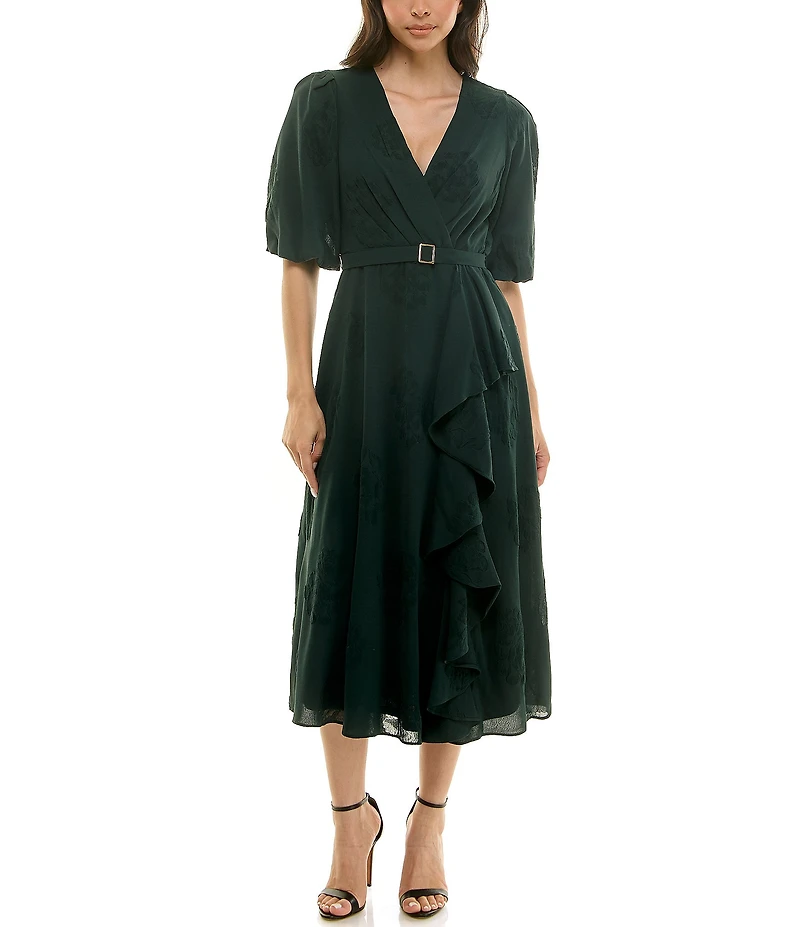 Moda Tara Floral Burnout 3/4 Sleeve Belted Ruffle Skirt Faux Wrap Midi Dress