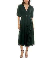 Moda Tara Floral Burnout 3/4 Sleeve Belted Ruffle Skirt Faux Wrap Midi Dress