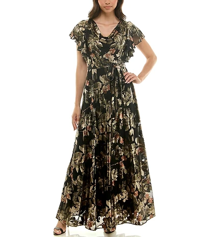 Moda Tara Floral Foil Print Chiffon Flutter Sleeve Cowl Neck Maxi Dress