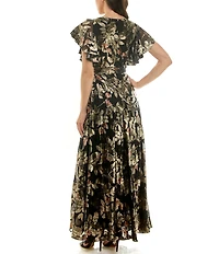 Moda Tara Floral Foil Print Chiffon Flutter Sleeve Cowl Neck Maxi Dress