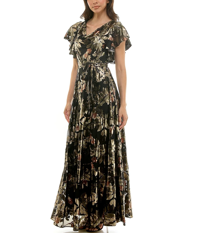 Moda Tara Floral Foil Print Chiffon Flutter Sleeve Cowl Neck Maxi Dress