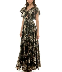 Moda Tara Floral Foil Print Chiffon Flutter Sleeve Cowl Neck Maxi Dress