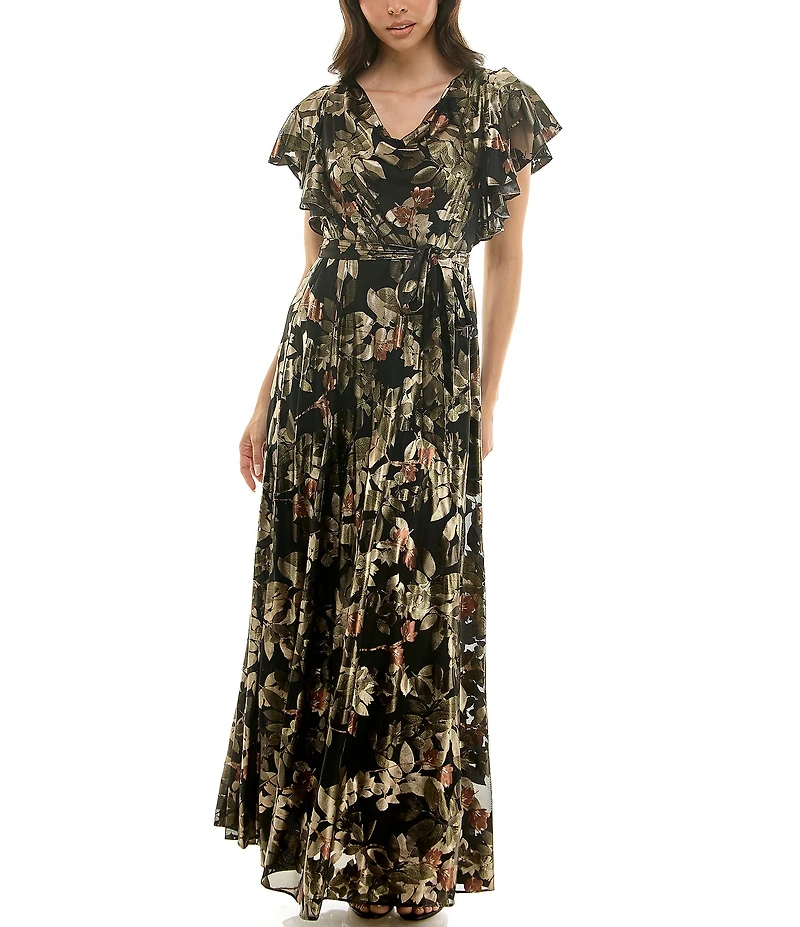 Moda Tara Floral Foil Print Chiffon Flutter Sleeve Cowl Neck Maxi Dress