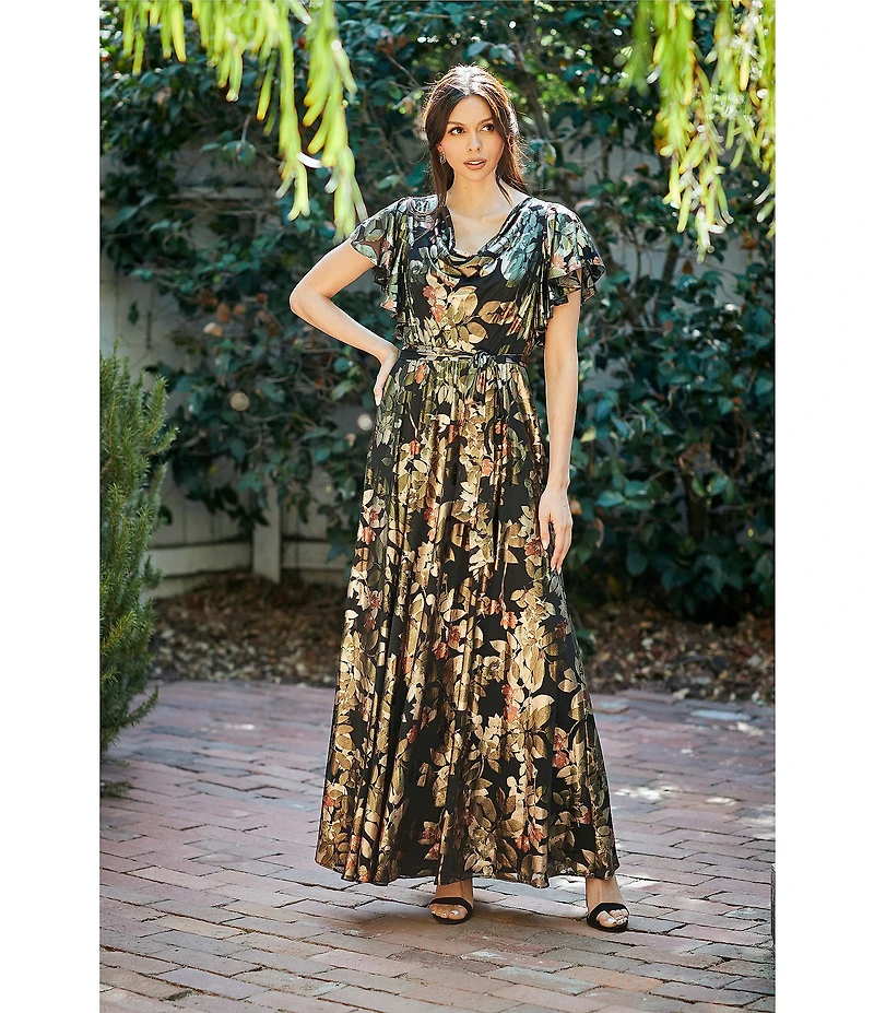 Moda Tara Floral Foil Print Chiffon Flutter Sleeve Cowl Neck Maxi Dress