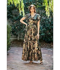 Moda Tara Floral Foil Print Chiffon Flutter Sleeve Cowl Neck Maxi Dress