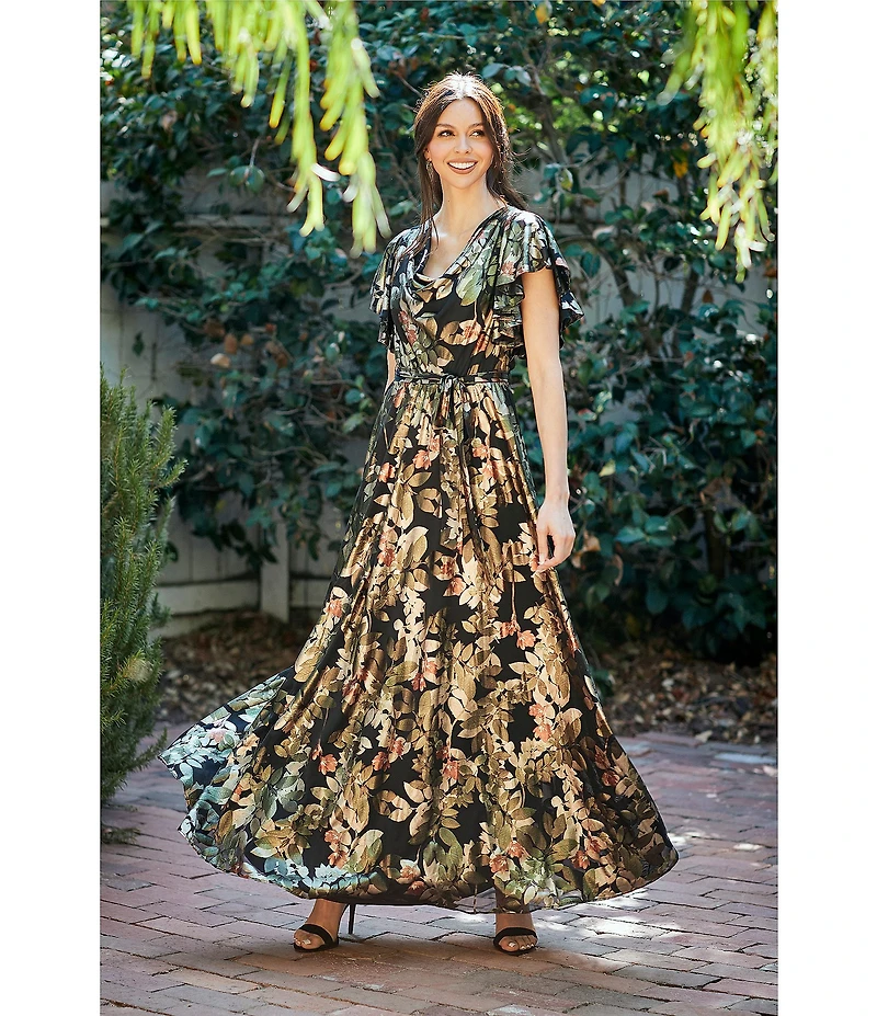 Moda Tara Floral Foil Print Chiffon Flutter Sleeve Cowl Neck Maxi Dress