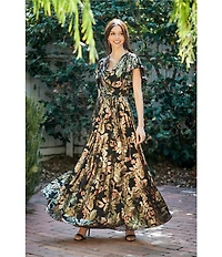 Moda Tara Floral Foil Print Chiffon Flutter Sleeve Cowl Neck Maxi Dress