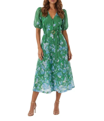 Moda Tara Floral Print Belted Voile Midi Dress