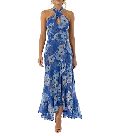 Moda Tara Floral Print Cross Halter Neck Chiffon Long Dress