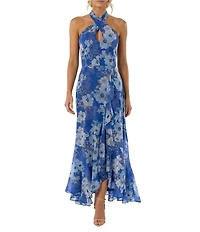 Moda Tara Floral Print Cross Halter Neck Chiffon Long Dress