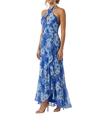 Moda Tara Floral Print Cross Halter Neck Chiffon Long Dress