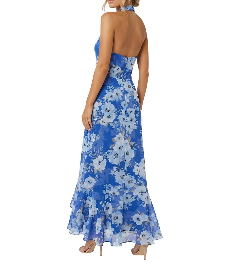 Moda Tara Floral Print Cross Halter Neck Chiffon Long Dress