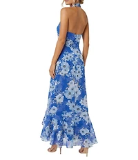 Moda Tara Floral Print Cross Halter Neck Chiffon Long Dress
