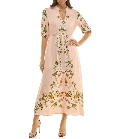 Moda Tara Floral Print Elbow Sleeve Mandarin Collar Dress