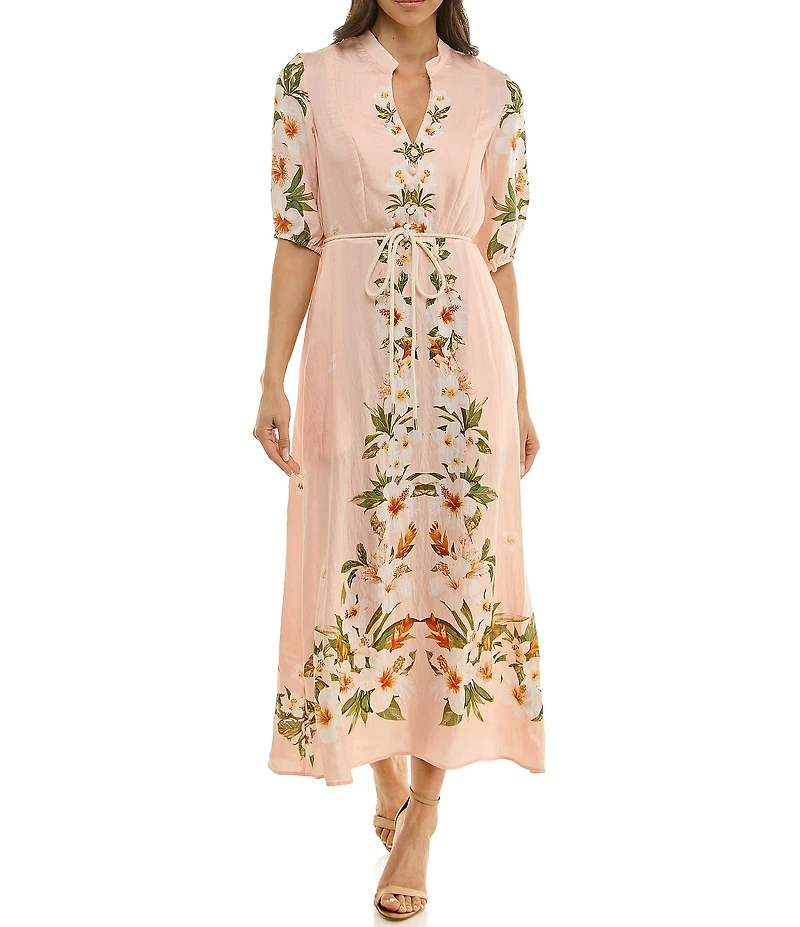 Moda Tara Floral Print Elbow Sleeve Mandarin Collar Dress