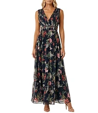 Moda Tara Floral Print Pleated Chiffon V-Neck Dress