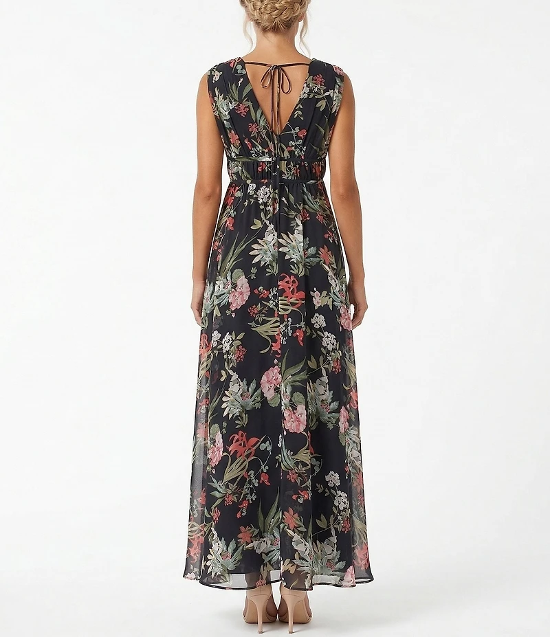 Moda Tara Floral Print Pleated Chiffon V-Neck Dress