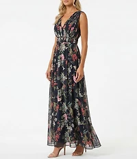 Moda Tara Floral Print Pleated Chiffon V-Neck Dress
